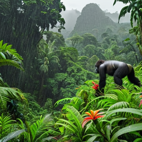 **Lush Gabonese rainforest during the rainy season:** A vibrant scene of the Gabonese rainforest teeming with life. Focus on the dense greenery, colorful wildflowers, and perhaps a glimpse of a wild gorilla in the background. Heavy rainfall adds to the atmosphere.
