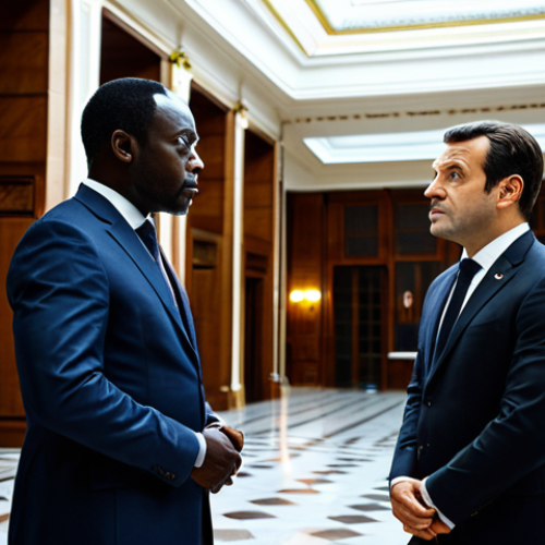 A professional Gabonese diplomat, fully clothed in a dark, modest business suit, stands respectfully across from a professional French diplomat, also in a professional business suit, engaging in a serious, contemplative discussion. They are in a grand, well-lit diplomatic hall with elegant architectural details that subtly hint at both European and African influences. The atmosphere is formal and respectful. Perfect anatomy, correct proportions, natural pose, well-formed hands, proper finger count, natural body proportions. Professional photography, cinematic lighting, ultra-detailed, high-resolution. Safe for work, appropriate content, fully clothed, professional.