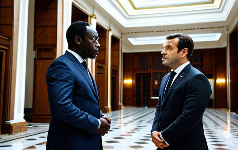 A professional Gabonese diplomat, fully clothed in a dark, modest business suit, stands respectfully across from a professional French diplomat, also in a professional business suit, engaging in a serious, contemplative discussion. They are in a grand, well-lit diplomatic hall with elegant architectural details that subtly hint at both European and African influences. The atmosphere is formal and respectful. Perfect anatomy, correct proportions, natural pose, well-formed hands, proper finger count, natural body proportions. Professional photography, cinematic lighting, ultra-detailed, high-resolution. Safe for work, appropriate content, fully clothed, professional.
